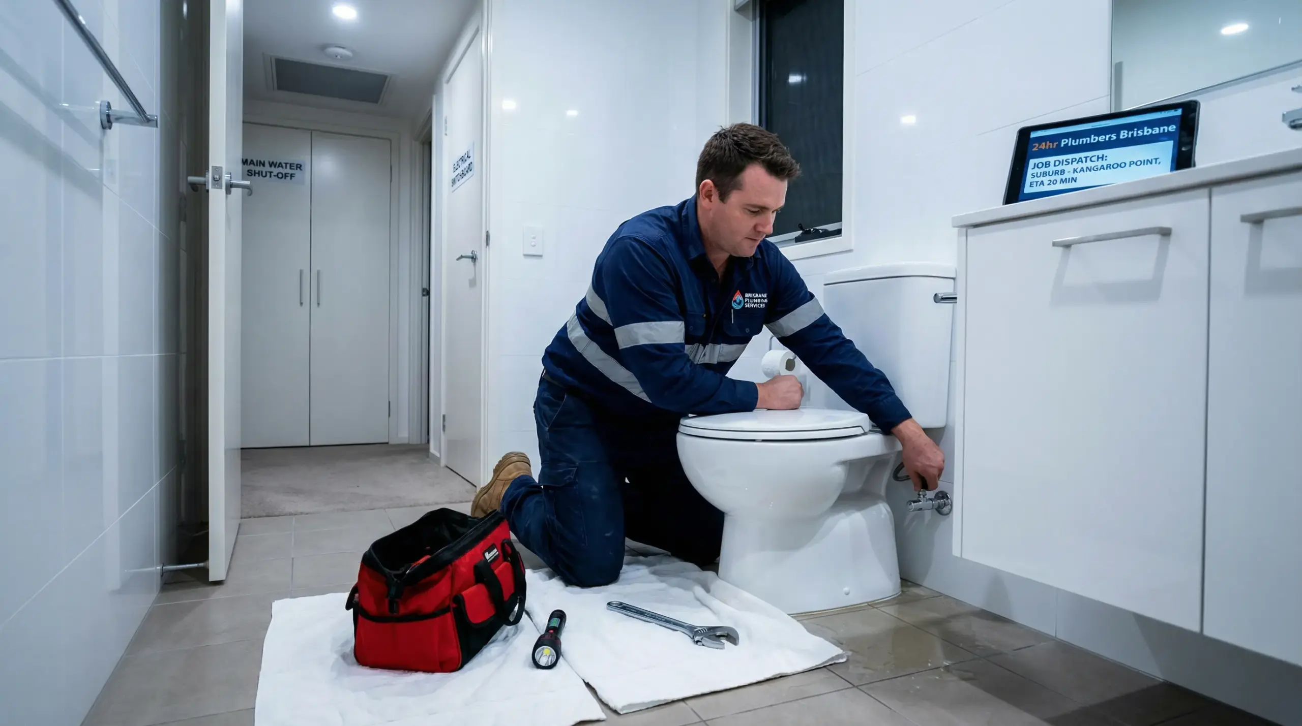 emergency plumber in brisbane isolating water to stop an overflowing toilet