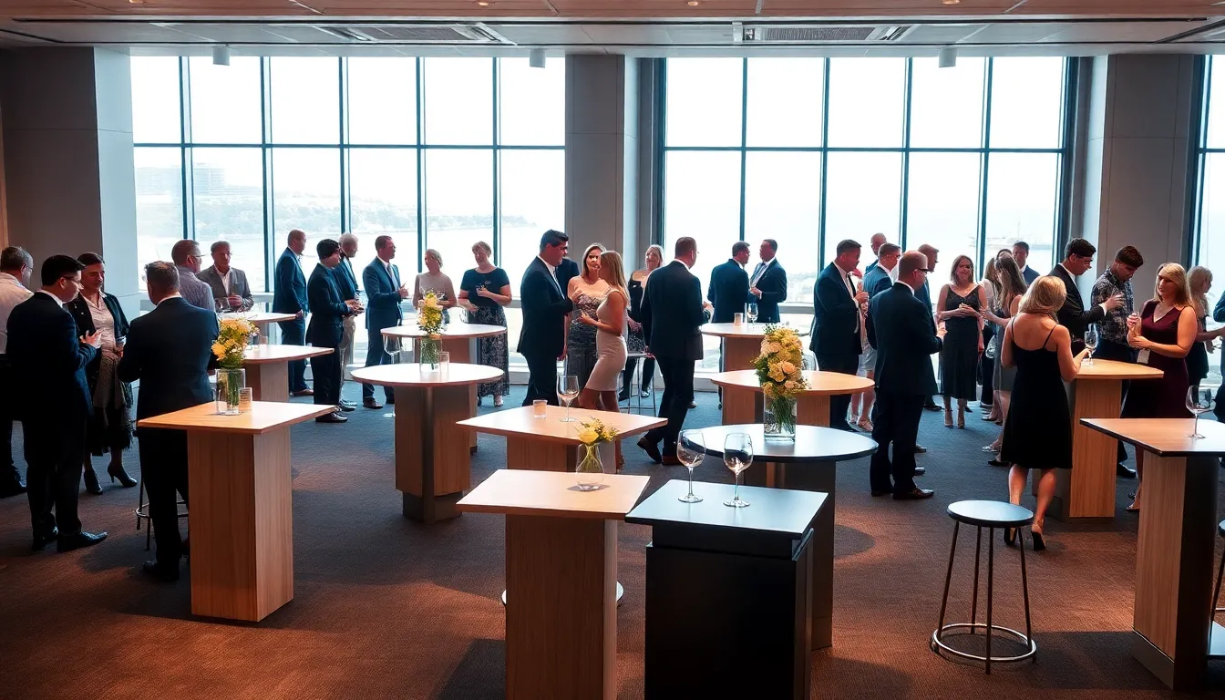 sleek bar tables with guests at a modern australian event space